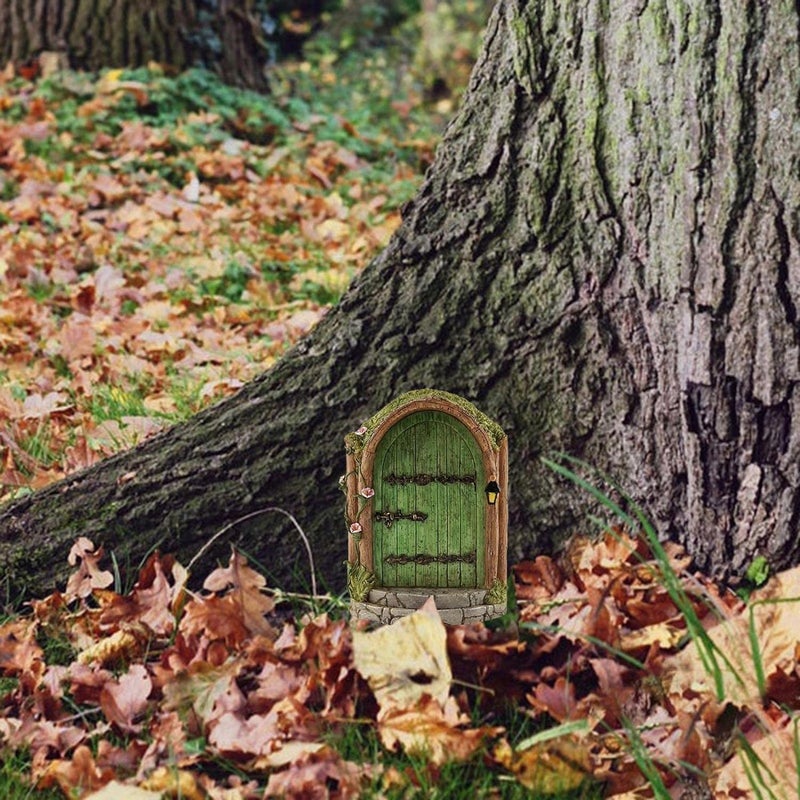 Wentoenapp Green Fairy Door, Wooden Miniature Fairy Garden Doors Outdoor Mini Fairy Gnome House Accessories for Tree Trunk Ornaments Garden Miniatures, Fairy Doors for Trees Outdoor, Gnome Door for Tree Trunk - Image 2